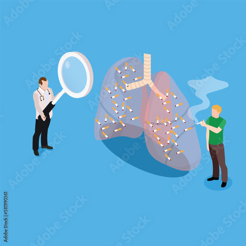 Sad smoker and doctor examining huge lungs full of cigarettes 3d isometric vector illustration concept for banner, website, landing page, ads, flyer template3d isometric vector illustration concept fo