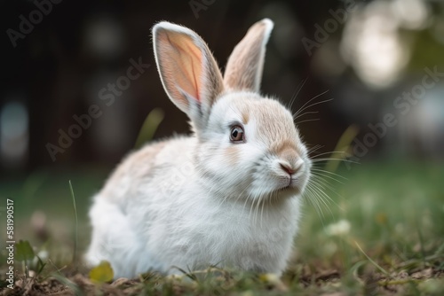 Cute small rabbit in the springtime on the green grass with a bokeh background. Young, cute bunny having fun in the garden. Generative AI