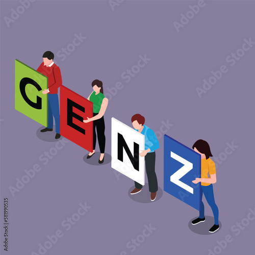 Young people holding generation Z letters 3d isometric vector illustration concept for banner, website, landing page, ads, flyer template
