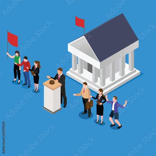 Minister speaking before audience at parliament government building 3d isometric vector illustration concept for banner, website, landing page, ads, flyer template