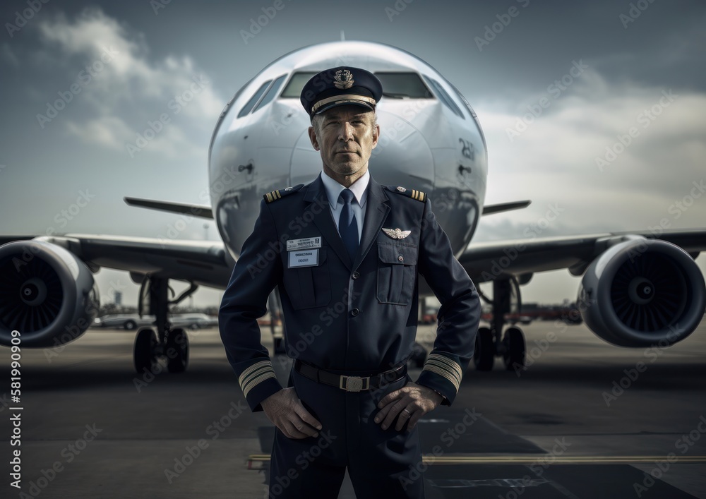 Portrait of pilot in front of a plane. Generative AI. Portrait of pilot in front of a plane. Generative AI.