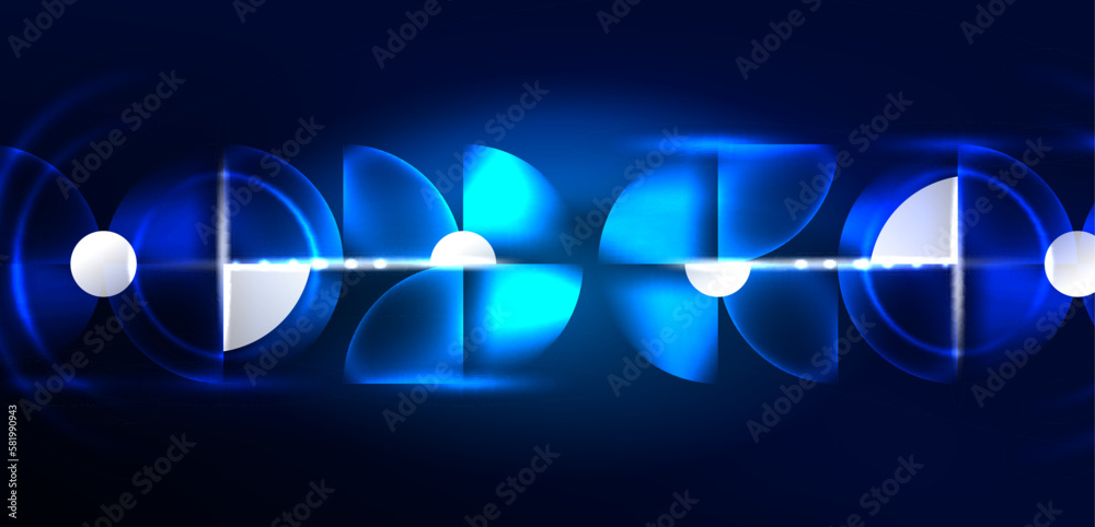 Abstract background blue shiny glowing neon color round elements and ...