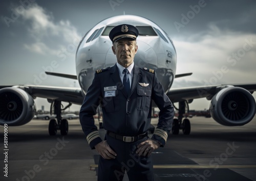 Portrait of pilot in front of a plane. Generative AI.