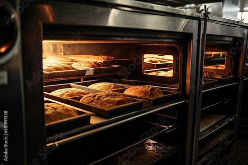 Baking dessert bread in the oven. bakery's primary oven for production. creating bread production of bread. Generative AI