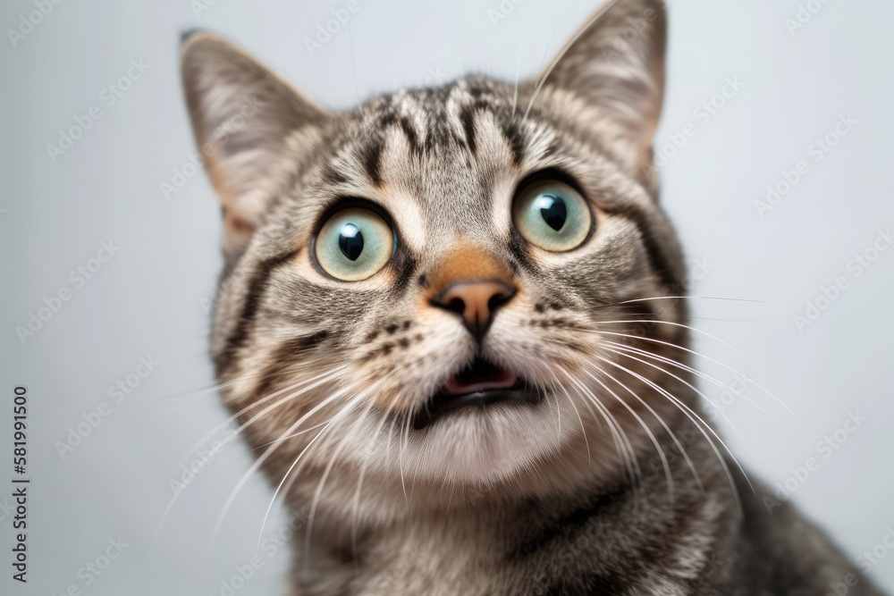 A picture of a perplexed cat close up of a Scottish straight person on a white background. Generative AI A picture of a perplexed cat close up of a Scottish straight person on a white background. Generative AI