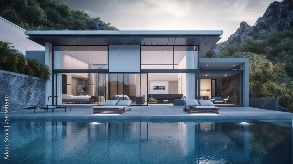 Fototapeta premium exterior of a modern country house with large windows and a swimming pool, generative AI
