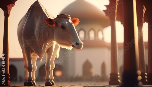 cows in mosque courtyard meadow with islamic scene sunrise, Generative AI