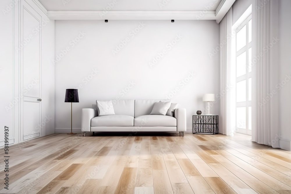 Fototapeta premium modern bright interior with white walls, sofa and wooden floor, generative AI