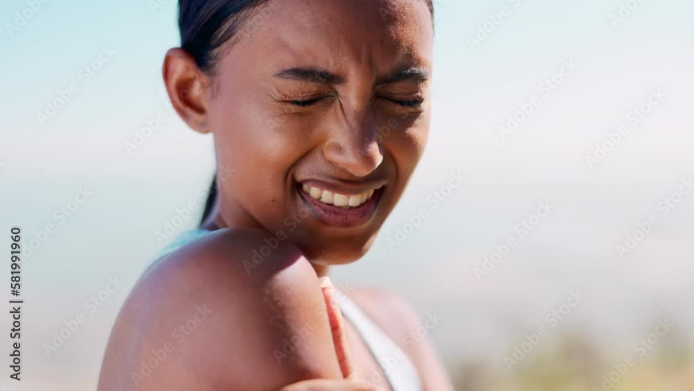 Fitness, outdoor and woman with arm pain while running or training for