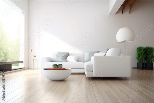 modern bright interior with white walls, sofa and wooden floor, generative AI © Roman King