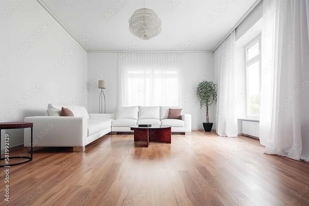 Fototapeta premium modern bright interior with white walls, sofa and wooden floor, generative AI