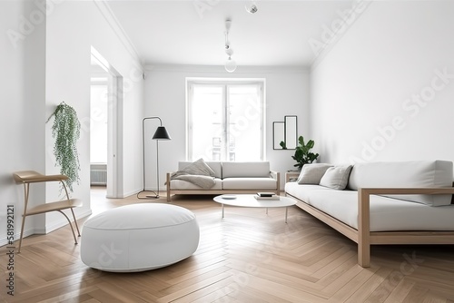 modern bright interior with white walls  sofa and wooden floor  generative AI