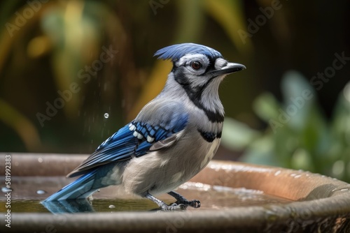 Beautiful blue jay bird getting ready to take a drink from a fountain. The blue jay is native to North America and is one of the loudest and most colorful birds in back yards. Generative AI