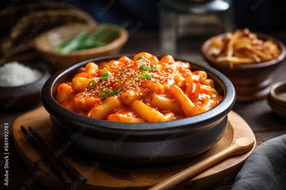 Cheese topped spicy rice cakes or Teokbokki with a hot sauce Tteokbokki