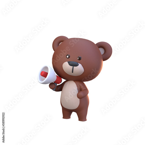 3d rendering of cute bear character holding megaphone marketing illustration