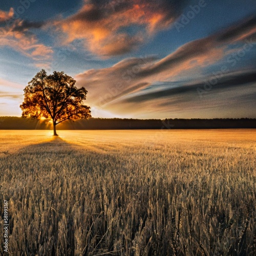 sunset in the field with a lonely tree