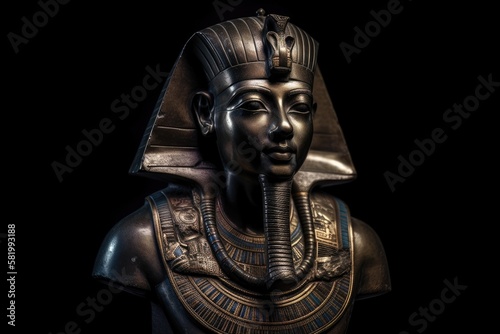 Egyptian pharaoh god bust sculpture, with a dark background. Generative AI