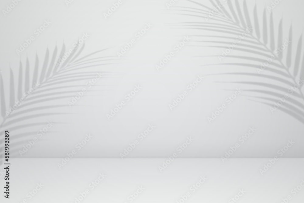 Naklejka premium Empty palm shadow texture pattern cement on gray wall background. Summer tropical minimal concept. Used for online shop presentation business nature organic cosmetic products