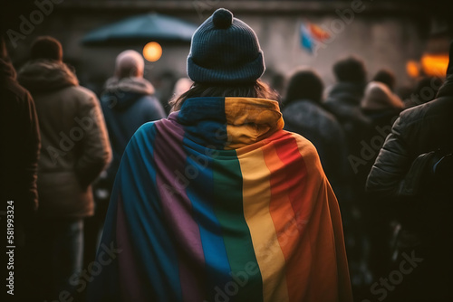 Back view of man with a rainbow flag, LGBT concept. Generative AI