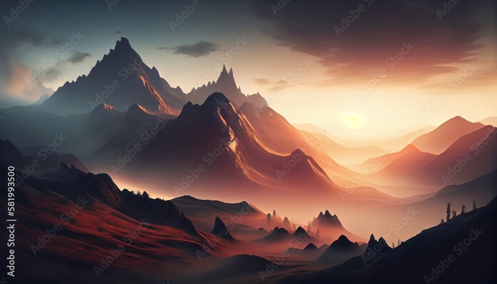 a mountain landscape at sunrise with a low lying fog, creating an ethereal and mystical atmosphere, Generative AI, Illustration
