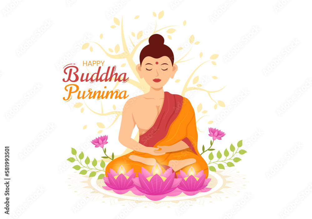 Happy Buddha Purnima Illustration with Vesak Day or Indian Festival to Spiritual in Flat Cartoon Hand Drawn for Web Banner or Landing Page Templates