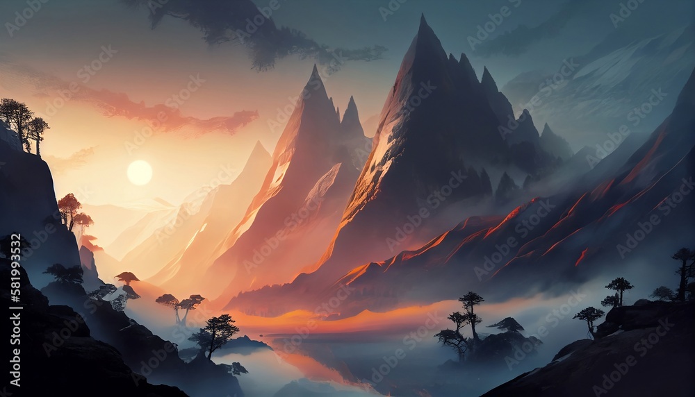 a mountain landscape at sunrise with a low lying fog, creating an ethereal and mystical atmosphere, Generative AI, Illustration