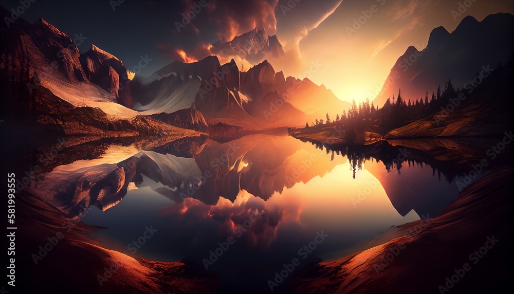 a mountain landscape at sunset with a reflection of the sun's rays on a nearby body of water, adding a stunning and unique perspective, Generative AI, Illustration