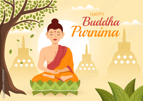 Happy Buddha Purnima Illustration with Vesak Day or Indian Festival to Spiritual in Flat Cartoon Hand Drawn for Web Banner or Landing Page Templates