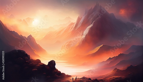 a mountain landscape at sunrise with a low lying fog  creating an ethereal and mystical atmosphere  Generative AI  Illustration