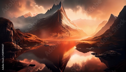 a mountain landscape at sunset with a reflection of the sun's rays on a nearby body of water, adding a stunning and unique perspective, Generative AI, Illustration