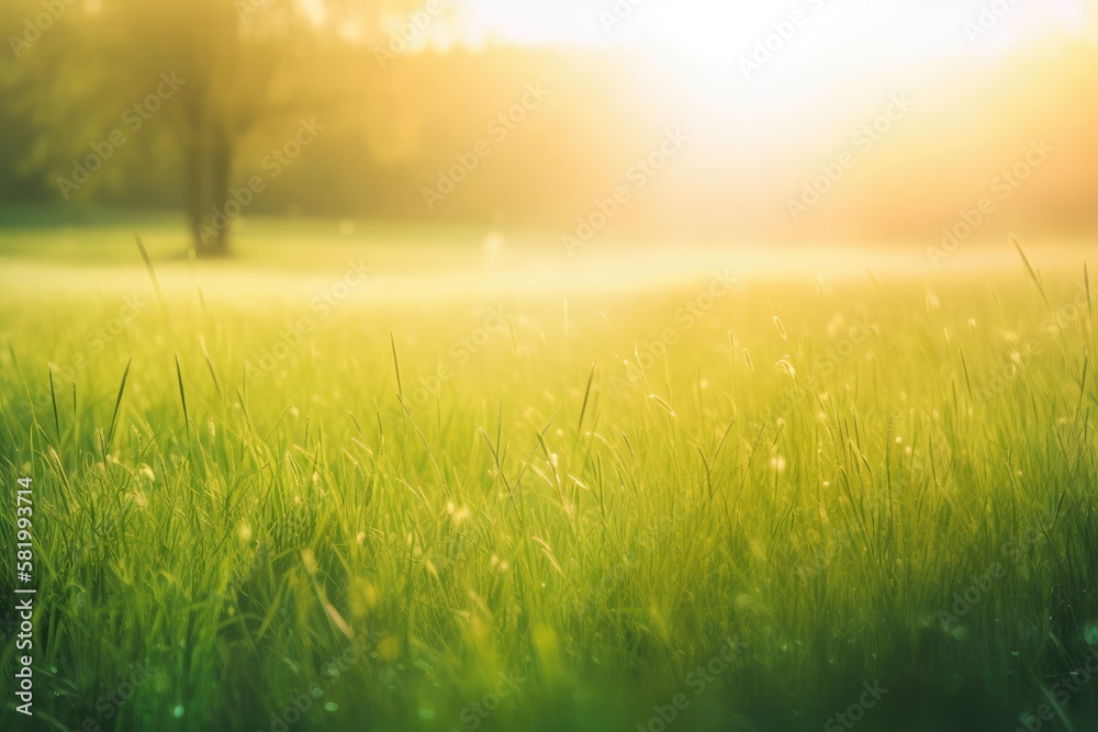 Background of a lovely spring landscape. Grass with a foggy backdrop that has been brightened by the early sun. field at sunrise in spring. Generative AI