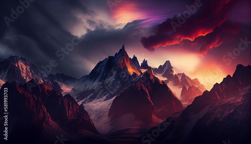 a mountain range at sunset with clouds surrounding the peaks, creating a dramatic and moody effect, Generative AI, Illustration © icehawk33