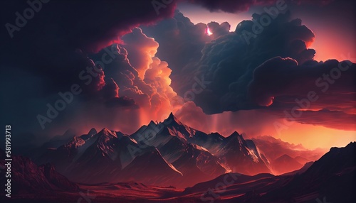 a mountain range at sunset with clouds surrounding the peaks, creating a dramatic and moody effect, Generative AI, Illustration