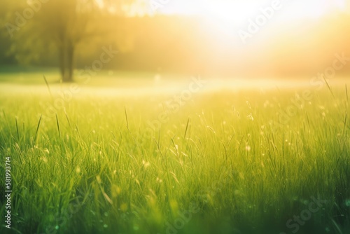 Background of a lovely spring landscape. Grass with a foggy backdrop that has been brightened by the early sun. field at sunrise in spring. Generative AI