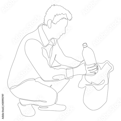 One continuous line of man collecting plastic garbage in the trash bag. Thin Line Illustration vector concept. Contour Drawing Creative ideas.