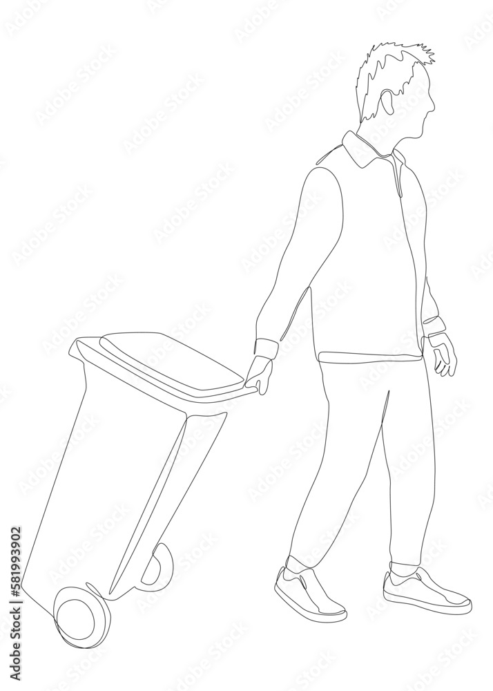 One continuous line of man with garbage bin. Thin Line Illustration vector concept. Contour Drawing Creative ideas. One continuous line of man with garbage bin. Thin Line Illustration vector concept. Contour Drawing Creative ideas.