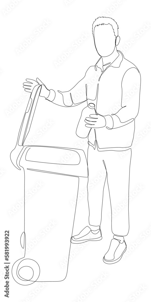 One continuous line of man with garbage bin. Thin Line Illustration vector concept. Contour Drawing Creative ideas.