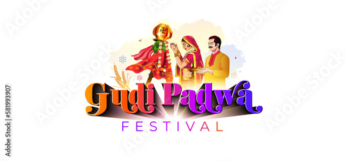 3d illustration of Gudi Padwa Festival. Indian Traditional Hindu Festival background. Wishing Greeting card. Lunar New Year celebration in Maharashtra India and Konkani hindu.