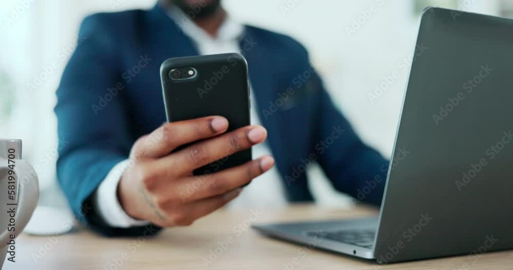 Phone, laptop and business man hands typing on multimedia technology, omnichannel networking and job planning. Professional black person with career communication on cellphone and computer in office