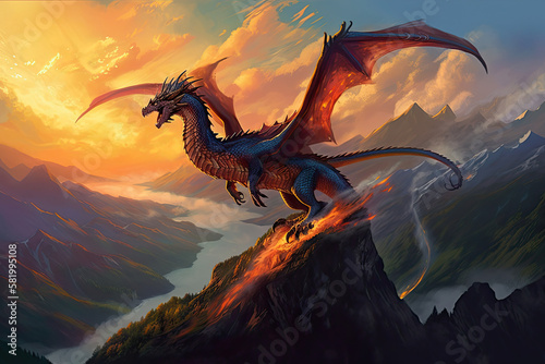 Dragon on mountain breathing fire, generated AI, generated, AI © dan