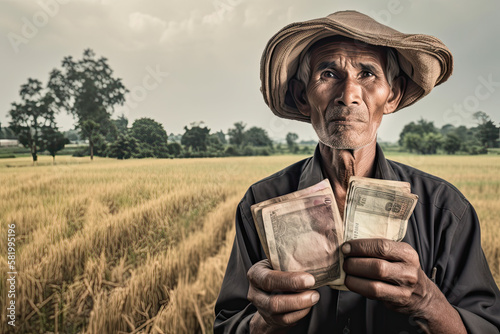Ethnic Poor Farmer Holding Cash, generated AI, generated, AI photo