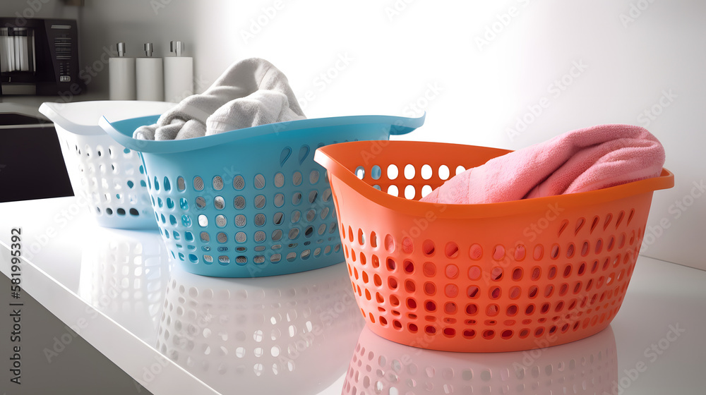 A couple of laundry baskets sitting on top of a counter, Generative Ai A couple of laundry baskets sitting on top of a counter, Generative Ai