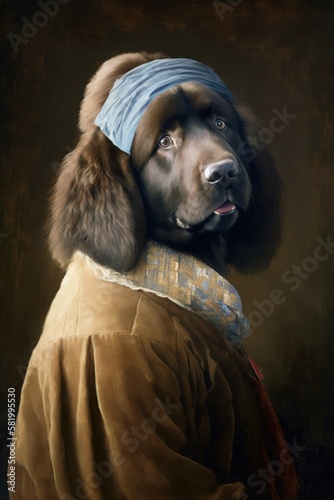 Pup with a Pearl Earring: A Newfoundland dog Animal Fashionable Twist on a Classic Portrait, Girl with a Pearl Earring (generative AI)