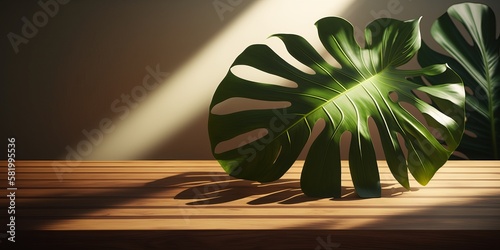 ﻿ styleA lush, luxury beauty style with a wooden table counter top, a green tropical plant leaf, and glorious sun light and shadow on a beige wall. AI generation. photo