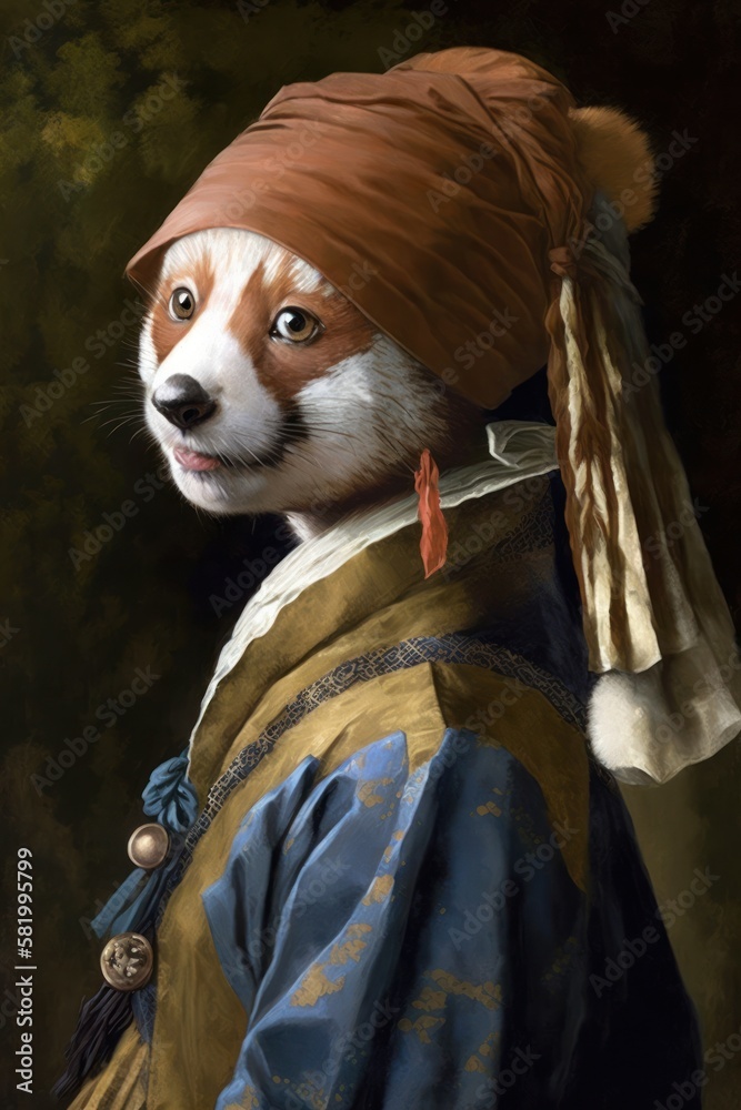Cute Creatures with a Pearl Earring: A Red Panda Animal Fashionable Twist on a Classic Portrait, Girl with a Pearl Earring (generative AI)