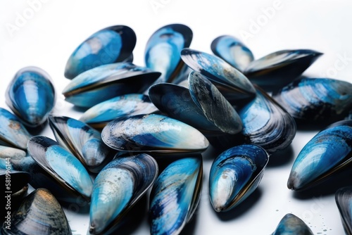 Blue mussel shells on a white background, isolated. Norwegian mussels from the Oslo fjord. Generative AI