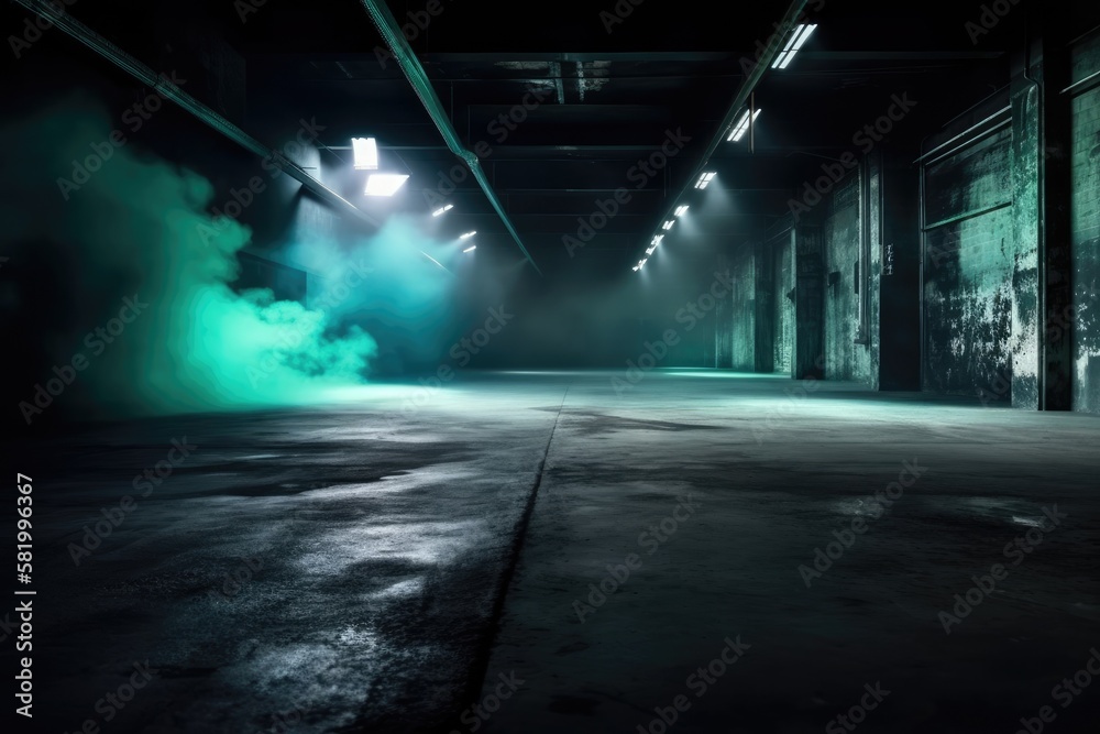 Dark roadway, asphalt, an empty scene in the shadows, neon lights, and spotlights The studio room's interior texture for product displays is smoke floating up from the concrete floor. Generative AI
