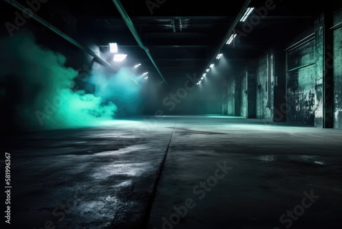 Dark roadway, asphalt, an empty scene in the shadows, neon lights, and spotlights The studio room's interior texture for product displays is smoke floating up from the concrete floor. Generative AI © AkuAku