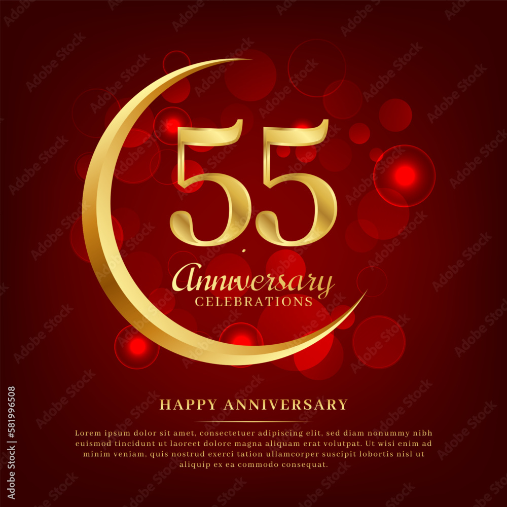 Naklejka premium 55 years anniversary with golden moon and red shiny background added with text for congratulations words