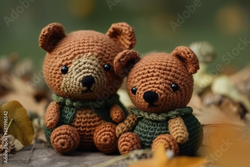 A couple of bear dolls are carrying a knitted toy. Doll made by from yarn. teddy bear. Stuffed animals made of crochet. Brown bear in miniature crochet on a green background. Generative AI © AkuAku